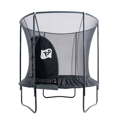 The TP Toys Genius® 8ft Round Trampoline is a black trampoline with metal legs, safety net enclosure, and zippered entrance, designed for safe bouncing.