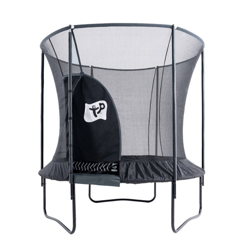 The TP Toys Genius® 8ft Round Trampoline is a black trampoline with metal legs, safety net enclosure, and zippered entrance, designed for safe bouncing.