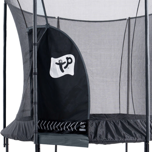 Close-up of the TP Toys Genius® 8ft Round Trampoline with safety enclosure and open door flap, featuring a white logo on black—perfect for safe bouncing and convenient trampoline delivery.