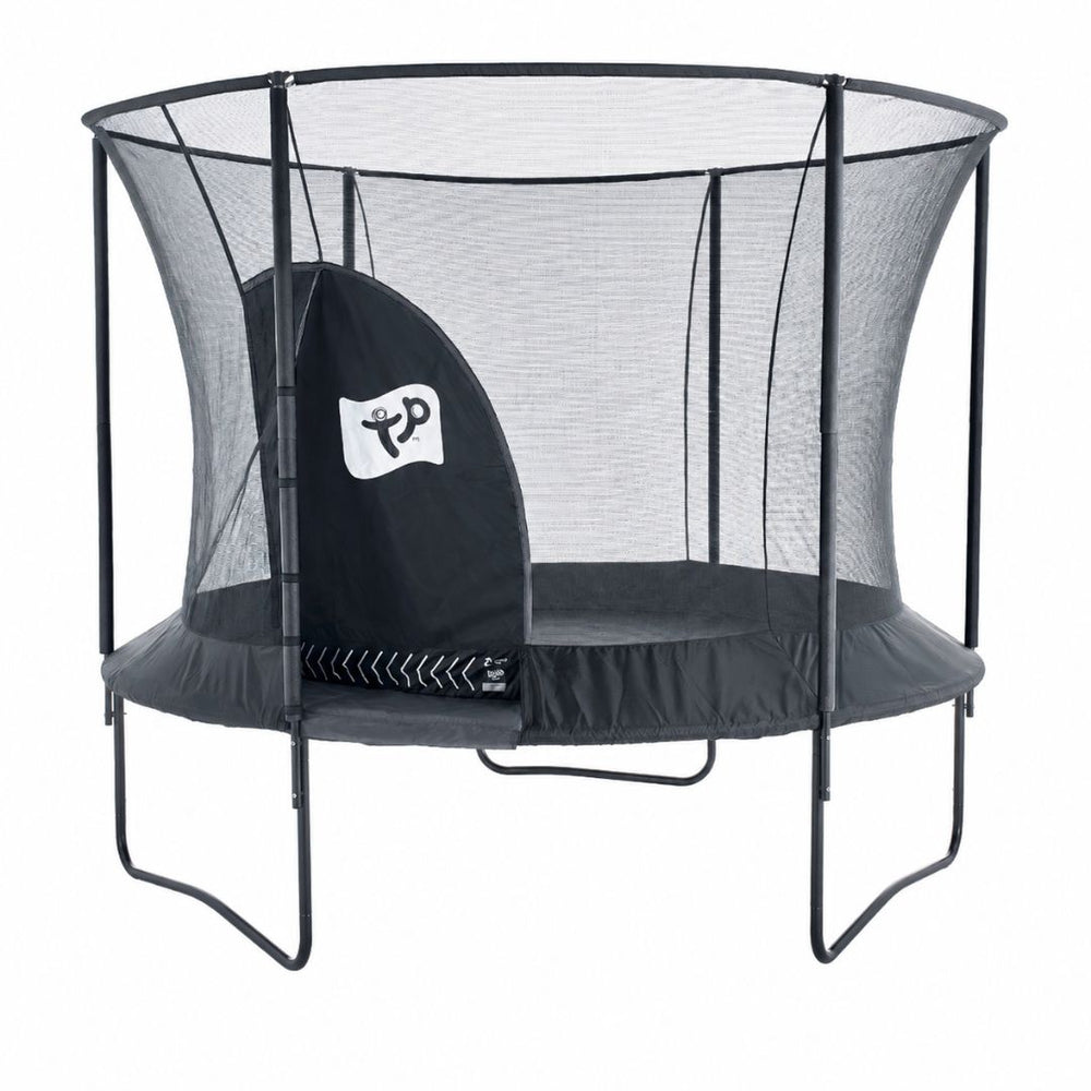 The TP Toys Genius® 10ft Round Trampoline is a black, round trampoline with a sturdy metal frame, safety net enclosure, zip-free entry, and a white logo at the entrance.