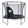 The TP Toys Genius® 10ft Round Trampoline is a black, round trampoline with a sturdy metal frame, safety net enclosure, zip-free entry, and a white logo at the entrance.