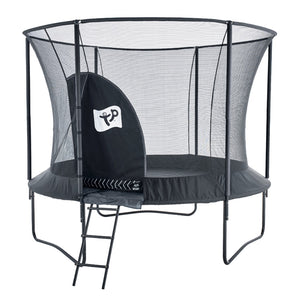 The TP Genius® 10ft Round Trampoline by TP Toys features a galvanized steel frame, black SurroundSafe enclosure with zippered entry, and a front ladder for safe access.