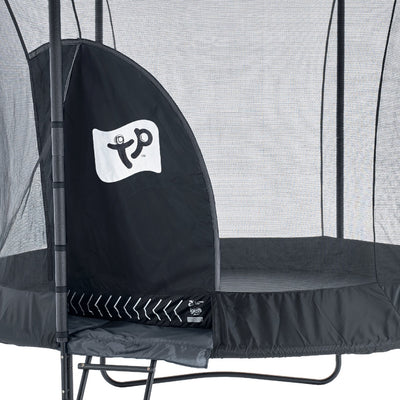 Close-up of the TP Toys TP Genius® 10ft Round Trampoline with a galvanised steel frame, safety enclosure net, zippered entrance, small ladder, and the TP logo visible on the entrance flap.