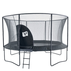 The TP Toys TP Genius® 12ft Round Trampoline features a galvanised steel frame, safety net with zippered entrance, SurroundSafe enclosure, and a small attached ladder for easy access—perfect for outdoor fun.