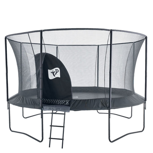 The TP Toys TP Genius® 12ft Round Trampoline features a galvanised steel frame, safety net with zippered entrance, SurroundSafe enclosure, and a small attached ladder for easy access—perfect for outdoor fun.