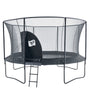 The TP Toys TP Genius® 12ft Round Trampoline features a galvanised steel frame, safety net with zippered entrance, SurroundSafe enclosure, and a small attached ladder for easy access—perfect for outdoor fun.