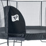 The TP Toys Genius® 12ft Round Trampoline is black with a SurroundSafe enclosure, zippered entrance, white TP logo on the flap, and a strong galvanized steel frame.
