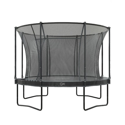 The TP Toys 12ft Infinity Round Trampoline features a black frame and safety net enclosure, designed for safety and great bounce, shown against a white background.