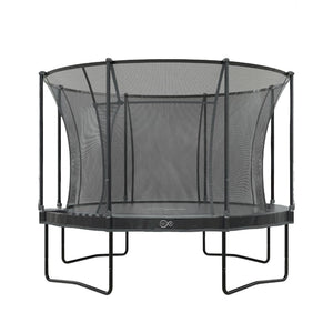 The TP 10ft Infinity Round Trampoline from TP Toys features a black safety net and robust metal frame, showcased against a white background to emphasize its advanced safety features and outstanding bounce performance.