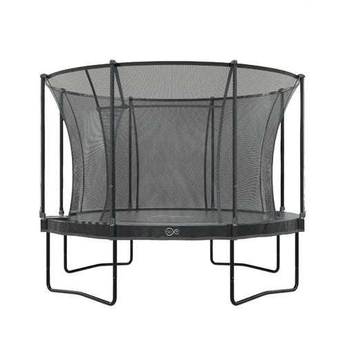 The TP 10ft Infinity Round Trampoline from TP Toys features a black safety net and robust metal frame, showcased against a white background to emphasize its advanced safety features and outstanding bounce performance.