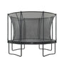 The TP 10ft Infinity Round Trampoline from TP Toys features a black safety net and robust metal frame, showcased against a white background to emphasize its advanced safety features and outstanding bounce performance.