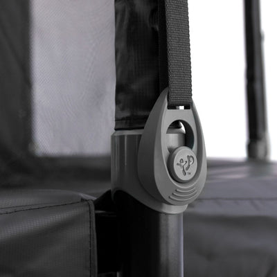 Close-up of the black safety strap and latch securing the net to the frame of the TP Toys 12ft Infinity Round Trampoline, emphasizing enhanced safety by TP Toys for a superior bounce experience.