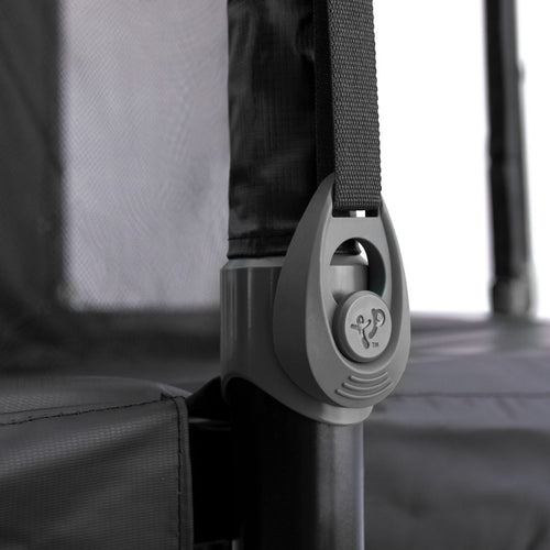 Close-up of the black safety strap and latch securing the net to the frame of the TP Toys 12ft Infinity Round Trampoline, emphasizing enhanced safety by TP Toys for a superior bounce experience.