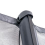 Close-up of a black metal pole supporting a mesh safety net with fabric trim, secured by a plastic cap and fastened with a strap—highlighting the advanced safety features that set the TP 10ft Infinity Round Trampoline by TP Toys apart.