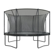 The TP Toys 14 ft Infinity Round Trampoline, shown front-on against a white background, features a black safety net, sturdy frame, and delivers superior bounce performance.