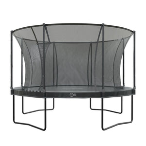 The TP Toys 14 ft Infinity Round Trampoline, shown front-on against a white background, features a black safety net, sturdy frame, and delivers superior bounce performance.