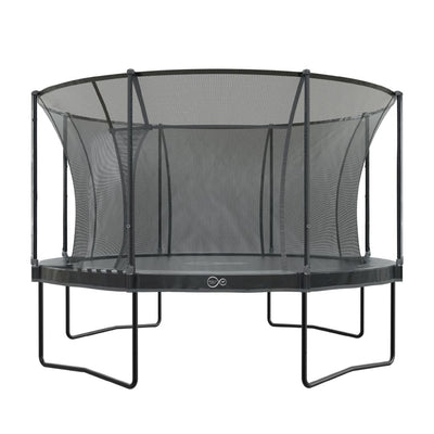 The TP Toys 14 ft Infinity Round Trampoline, shown front-on against a white background, features a black safety net, sturdy frame, and delivers superior bounce performance.