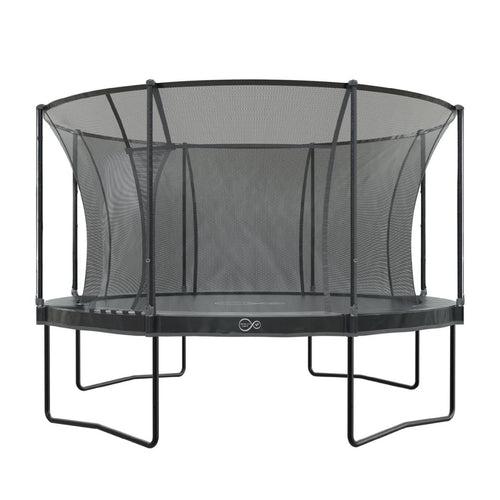 The TP Toys 14 ft Infinity Round Trampoline, shown front-on against a white background, features a black safety net, sturdy frame, and delivers superior bounce performance.