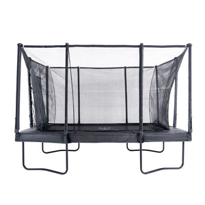 The TP Toys Infinity 10ft x 14ft Rectangular Trampoline features a black safety net enclosure, padded edges, and a sturdy metal frame for easy assembly, shown against a white background.