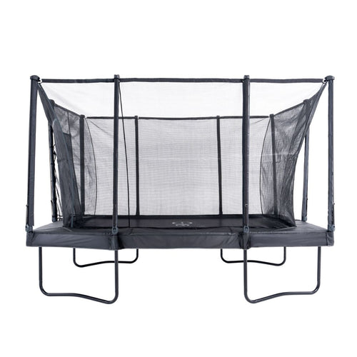 The TP Toys Infinity 10ft x 14ft Rectangular Trampoline features a black safety net enclosure, padded edges, and a sturdy metal frame for easy assembly, shown against a white background.