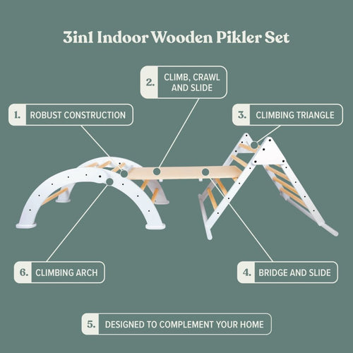 The TP Active-Tots Pikler Style Three in One Playset by TP Toys features a toddler climbing triangle, arch, bridge, and slide. This FSC® certified Montessori set is sturdy and home-friendly—perfect for active indoor play.