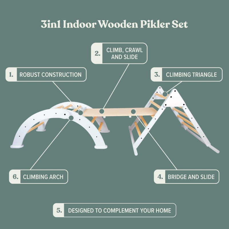 The TP Active-Tots Pikler Style Three in One Playset by TP Toys features a toddler climbing triangle, arch, bridge, and slide. This FSC® certified Montessori set is sturdy and home-friendly—perfect for active indoor play.