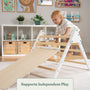 A toddler climbs on the TP Toys TP Active-Tots Pikler Style Three in One Playset (FSC® certified) in a nursery with shelves and toys; text reads, Supports Independent Play.