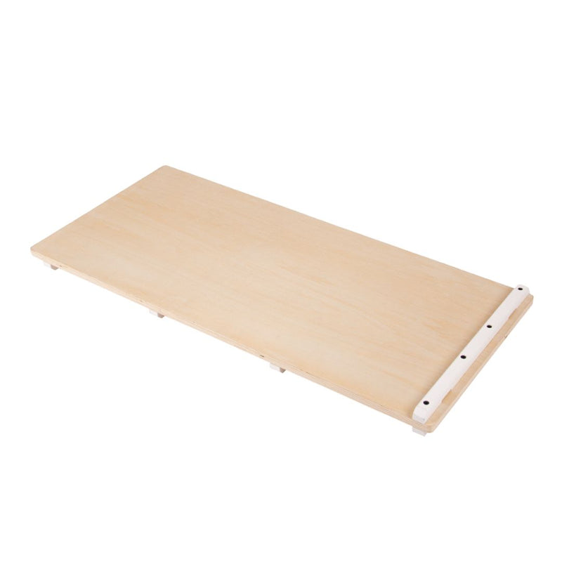 The TP Toys TP Active-Tots Pikler Style Three in One Playset - FSC® certified includes a rectangular wooden board with a light finish and a white strip with small holes, designed as an accessory for toddler climbing triangles.