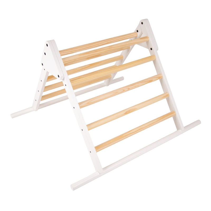 The TP Toys TP Active-Tots Pikler Style Three in One Playset, made from FSC® certified wood with white side panels and natural rungs, is ideal for Montessori climbing activities and shown on a white background.