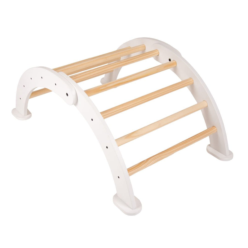 The TP Toys TP Active-Tots Pikler Style Three in One Playset – FSC® certified – features a white and wooden arch that complements your Montessori climbing set, perfect for inspiring toddler play and creativity.