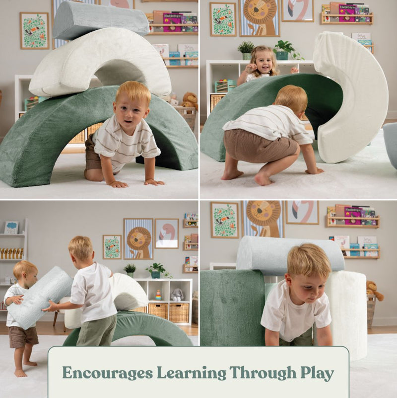 Three children play and climb on the TP Toys TP Active-Tots Pikler Style Rainbow Arch Playset in a playroom; text reads, Encourages Learning Through Play and Builds Gross Motor Skills.
