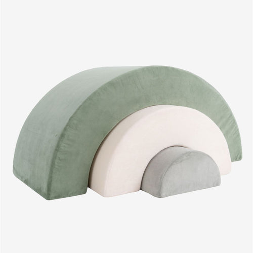 Introducing the TP Toys TP Active-Tots Pikler Style Rainbow Arch Playset: three stacked foam arches in green, beige, and gray—arranged from largest to smallest on a white background—create a soft play rainbow arch. This Montessori-inspired toddler play equipment encourages the development of gross motor skills.