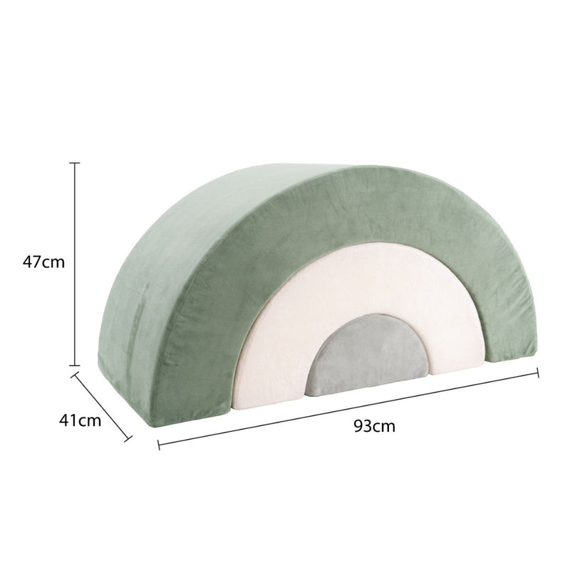 The TP Toys TP Active-Tots Pikler Style Rainbow Arch Playset features a curved, three-tiered soft play arch in green, pink, and gray—perfect for Montessori toddler motor skill development. Dimensions: 93cm W x 47cm H x 41cm D.