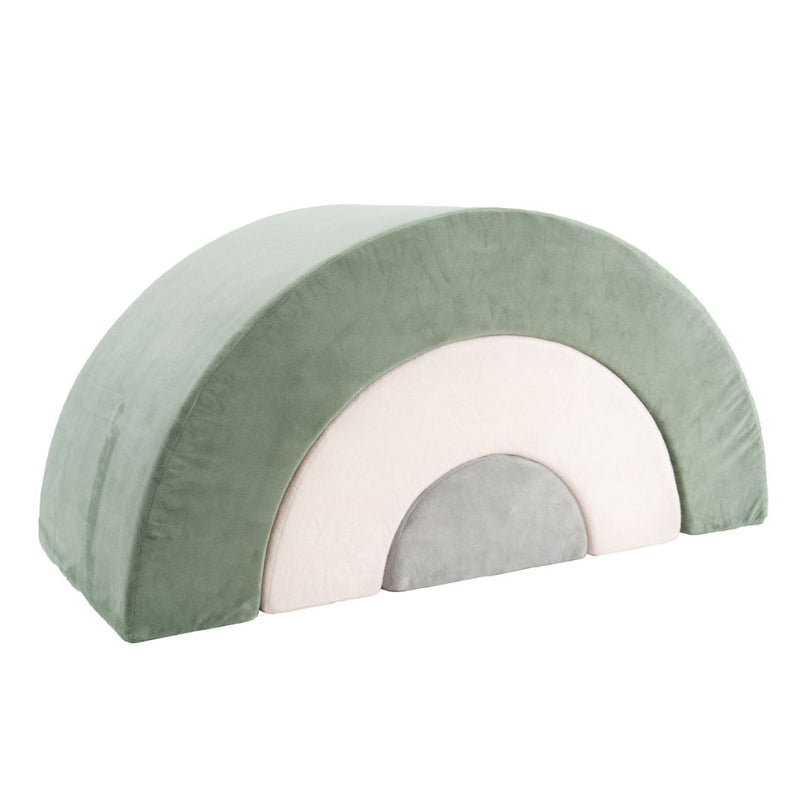 The TP Toys TP Active-Tots Pikler Style Rainbow Arch Playset features three soft layers in green, white, and gray to inspire imaginative play and support gross motor skill development with its minimalist design.