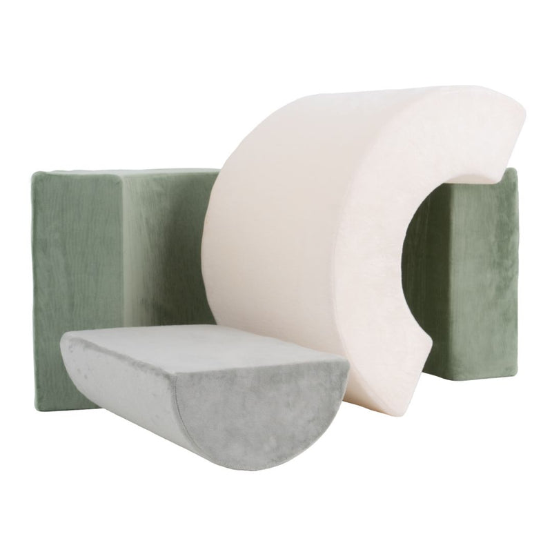 The TP Active-Tots Pikler Style Rainbow Arch Playset by TP Toys features three large, soft geometric foam blocks—rectangle, semicircle, and rainbow arch—in green, white, and gray, perfect Montessori toddler play equipment for gross motor skill development.