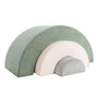 The TP Toys TP Active-Tots Pikler Style Rainbow Arch Playset features three foam arches in green, cream, and gray, stacked to form a soft play rainbow—ideal Montessori equipment for toddlers to develop gross motor skills.