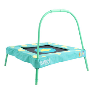 The TP Toys Bluey Junior 3ft Trampoline is a small, square, turquoise toddler trampoline with a safety handlebar and Bluey cartoon design—ideal for indoor and outdoor play.