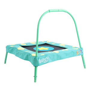 The TP Toys Bluey Junior 3ft Trampoline is a small, square blue toddler trampoline with yellow spots, a star design, green handlebar, and Bluey graphics—ideal for indoor or outdoor play as your child's first trampoline!.