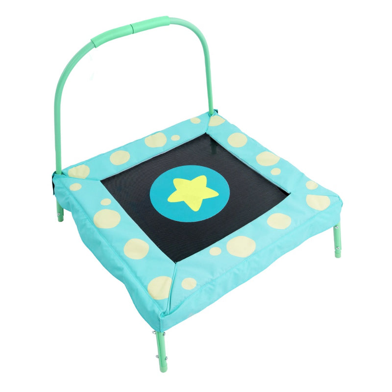 The TP Toys Bluey Junior 3ft Trampoline is a small, square toddler trampoline with a teal frame, polka-dot padding, yellow star center, and safety handlebar—perfect for indoor or outdoor play.