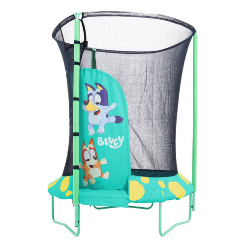 The TP Toys Bluey UP 4.5ft Junior Trampoline features a green frame, safety net, zip-free entry, and Bluey cartoon characters on the padding and entrance flap.