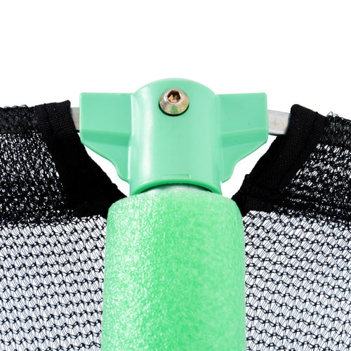 Close-up of a green plastic and foam connector with a screw, attached to a metal rod and black netting on the TP Toys Bluey UP 4.5ft Junior Trampoline, which features safe, zip-free entry.