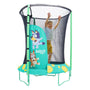 A child jumps inside the TP Toys Bluey UP 4.5ft Junior Trampoline, featuring Bluey characters and a black safety net with zip-free entry.