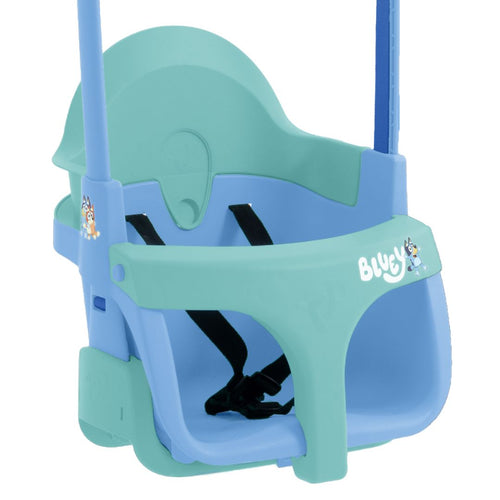 The TP Toys Bluey Quadpod® 4 in 1 Baby Swing Seat is a light blue and turquoise swing for toddlers, featuring safety straps and Bluey stickers. This adjustable seat grows with your child for lasting outdoor fun.