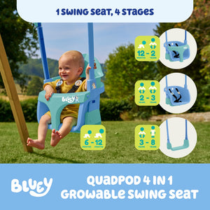 A smiling toddler sits outdoors in the TP Toys Bluey Quadpod® 4 in 1 Baby Swing Seat, designed for kids aged 6 months to 8 years, with icons highlighting its adjustable features.