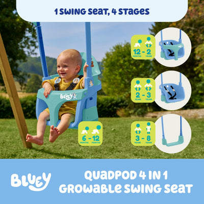 A smiling toddler sits outdoors in the TP Toys Bluey Quadpod® 4 in 1 Baby Swing Seat, designed for kids aged 6 months to 8 years, with icons highlighting its adjustable features.