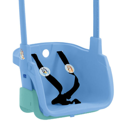 The TP Toys Bluey Quadpod® 4 in 1 Baby Swing Seat is a blue plastic swing with black safety straps, cartoon character stickers, and two blue ropes. It’s adjustable to grow with your child for long-lasting fun.