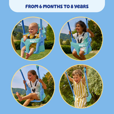 Four children of various ages use the TP Toys Bluey Quadpod® 4 in 1 Baby Swing Seat outdoors, showcasing its adjustable design that grows with kids from 6 months to 8 years.