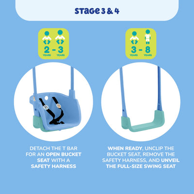 Side-by-side images show a child's swing: left is TP Toys’ Bluey Quadpod® 4 in 1 Baby Swing Seat with safety harness for ages 2–3; right is the same seat adjusted for ages 3–8 as a full-size swing.