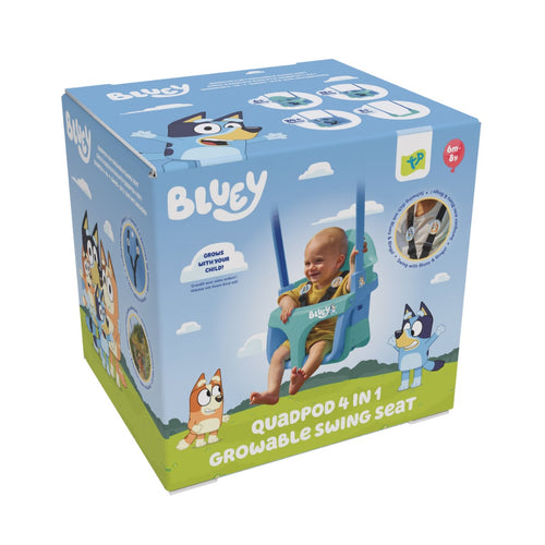 The TP Toys Bluey Quadpod® 4 in 1 Baby Swing Seat box shows a smiling baby in the versatile swing with Bluey characters, suitable for children aged 6 months to 8 years.