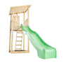 The TP Toys Skywood Wooden Lookout Tower features a slanted roof, ladder, and a 3m super wavy green slide—FSC® certified and perfect for outdoor fun as part of any climbing frames collection.